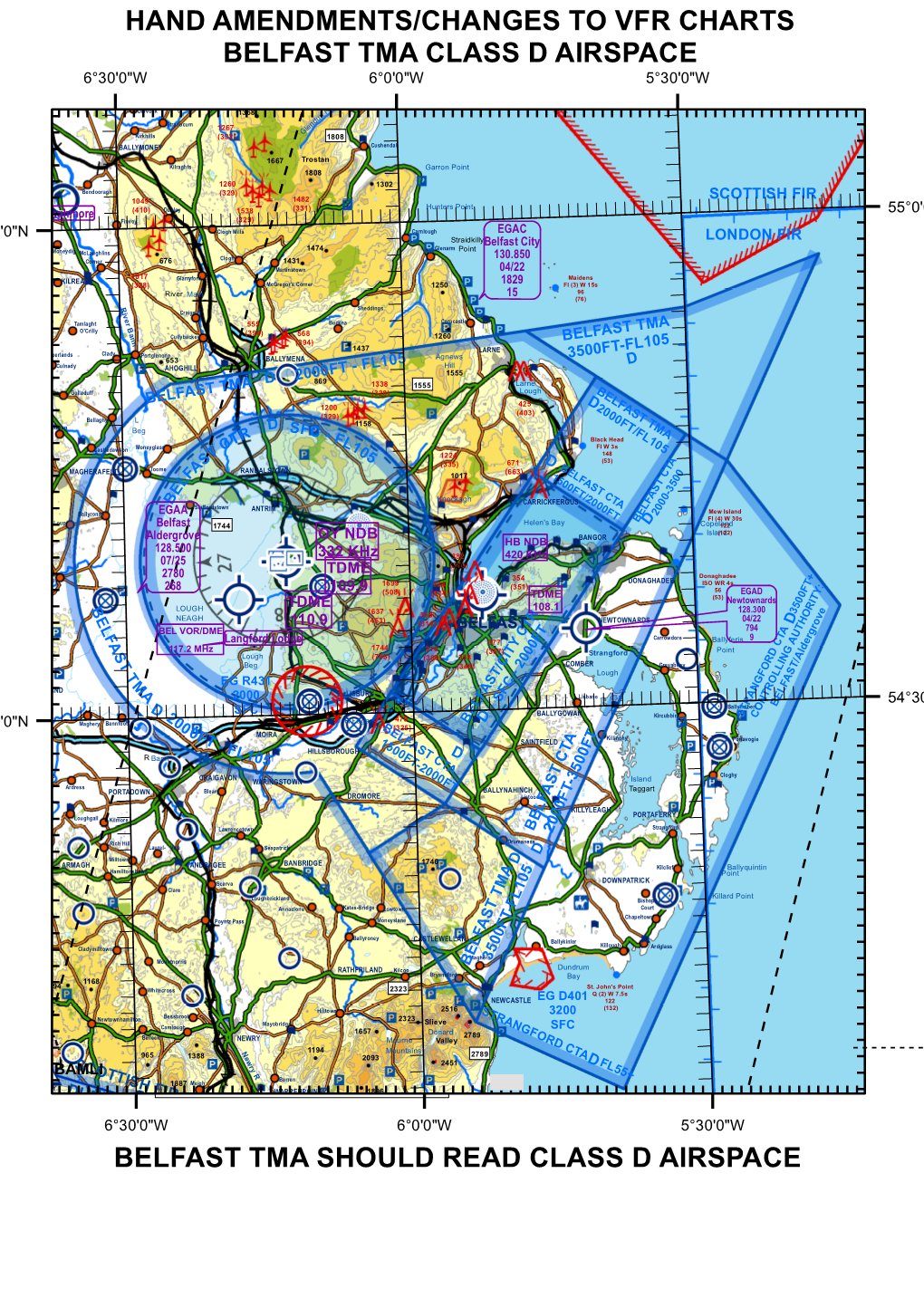 Hand Amendments/Changes to Vfr Charts Belfast Tma Class D Airspace 6°30'0