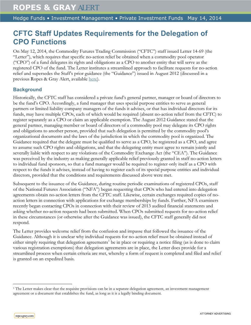 CFTC Staff Updates Requirements for the Delegation of CPO Functions