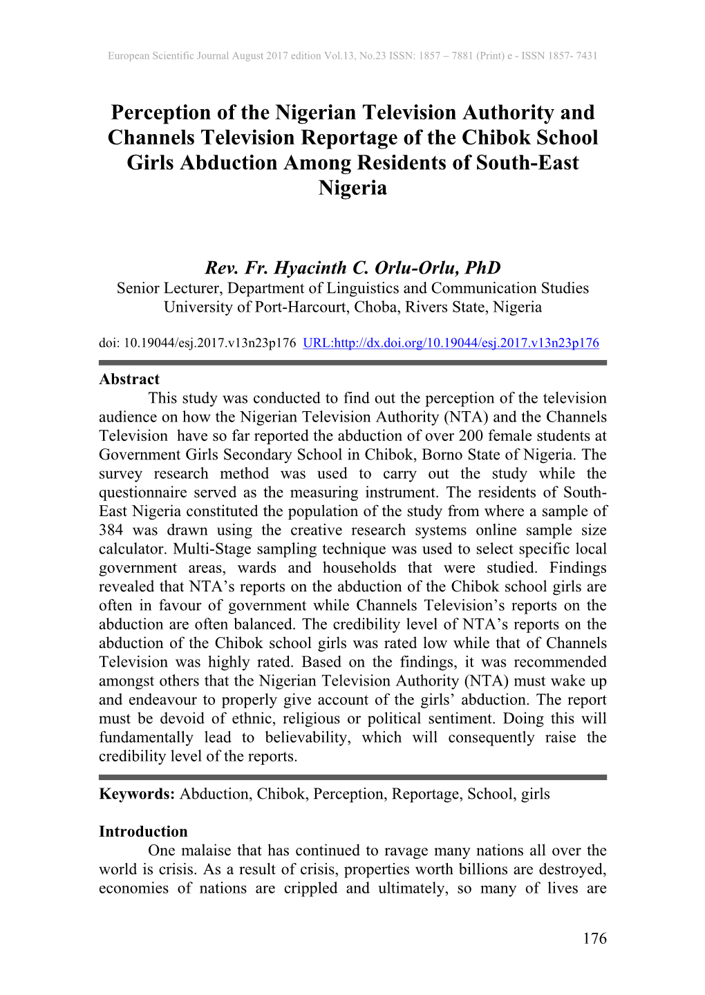 Perception of the Nigerian Television Authority and Channels Television Reportage of the Chibok School Girls Abduction Among Residents of South-East Nigeria