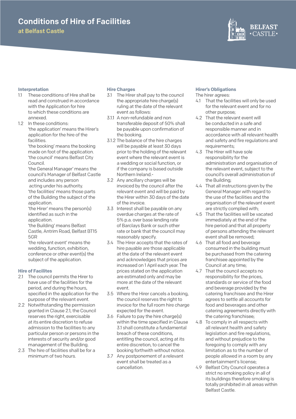 Conditions of Hire of Facilities at Belfast Castle