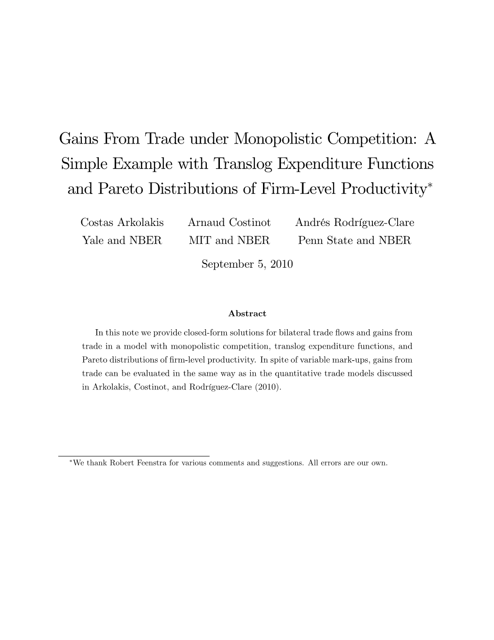 Gains from Trade Under Monopolistic Competition: a Simple Example with Translog Expenditure Functions