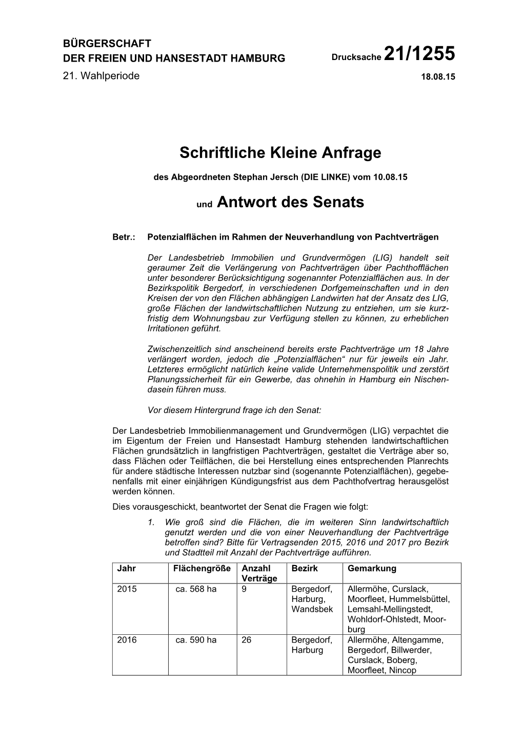 Schriftliche Kleine Anfrage Und Antwort Des Senats