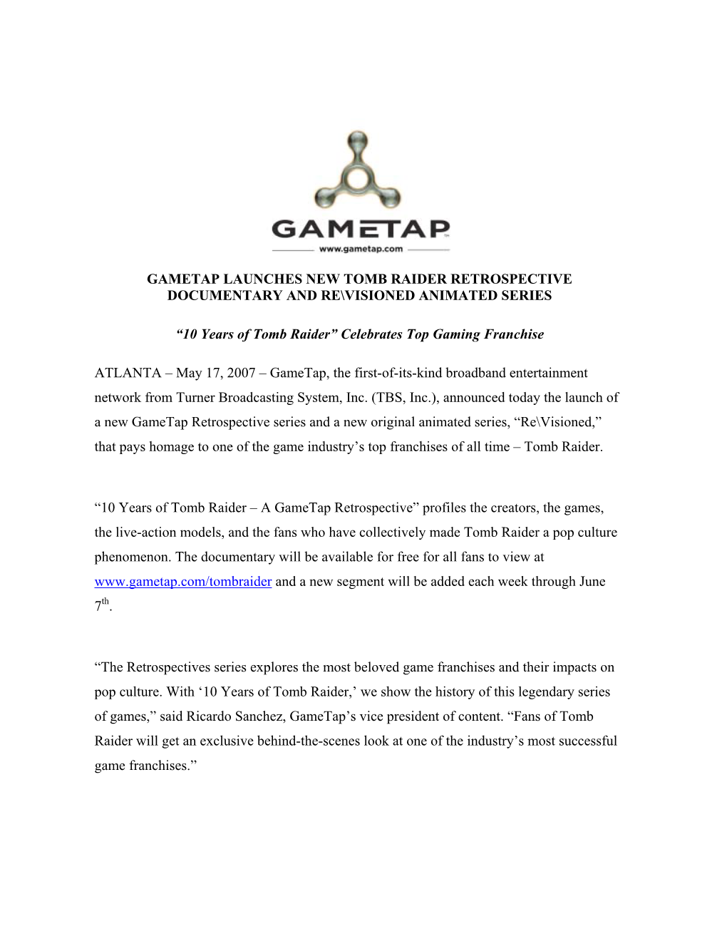 Gametap Launches New Tomb Raider Retrospective Documentary and Re\Visioned Animated Series