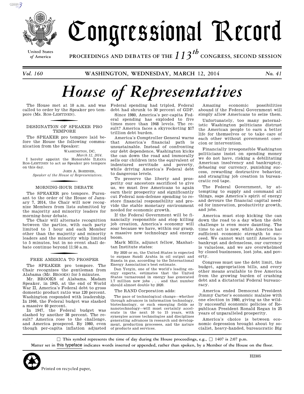 Congressional Record United States Th of America PROCEEDINGS and DEBATES of the 113 CONGRESS, SECOND SESSION