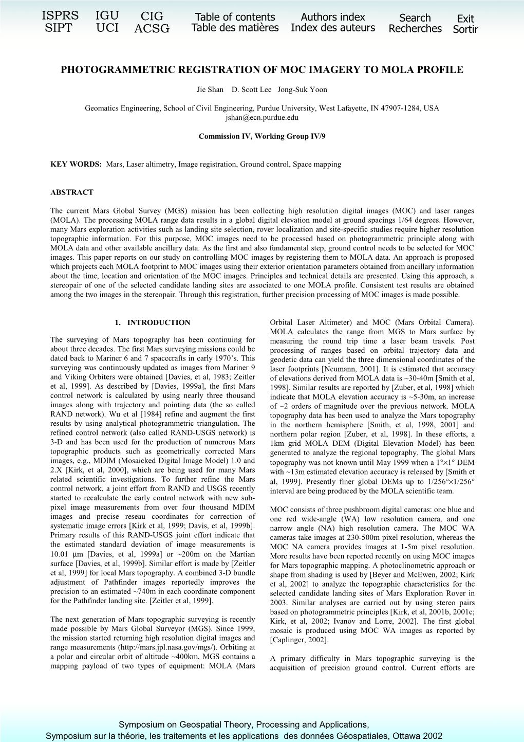 Photogrammetric Registration of Moc Imagery to Mola Profile