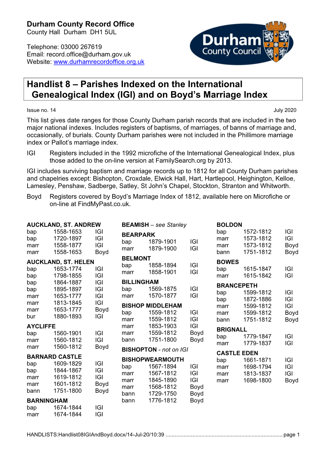 Handlist 8: Parishes Indexed on the IGI and on Boyd's Marriage Index