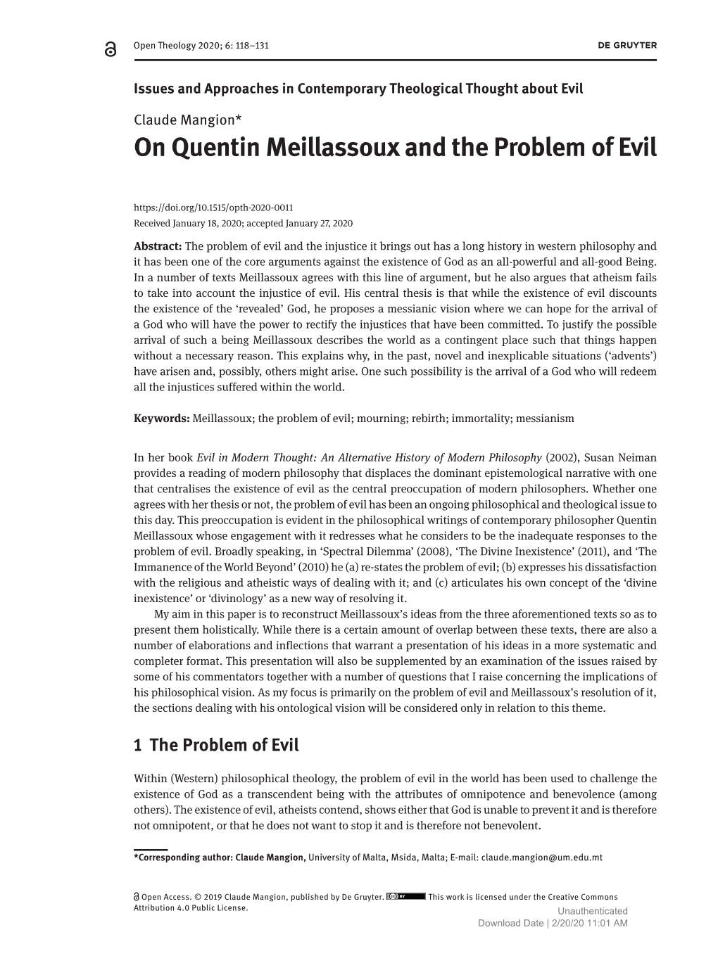 On Quentin Meillassoux and the Problem of Evil