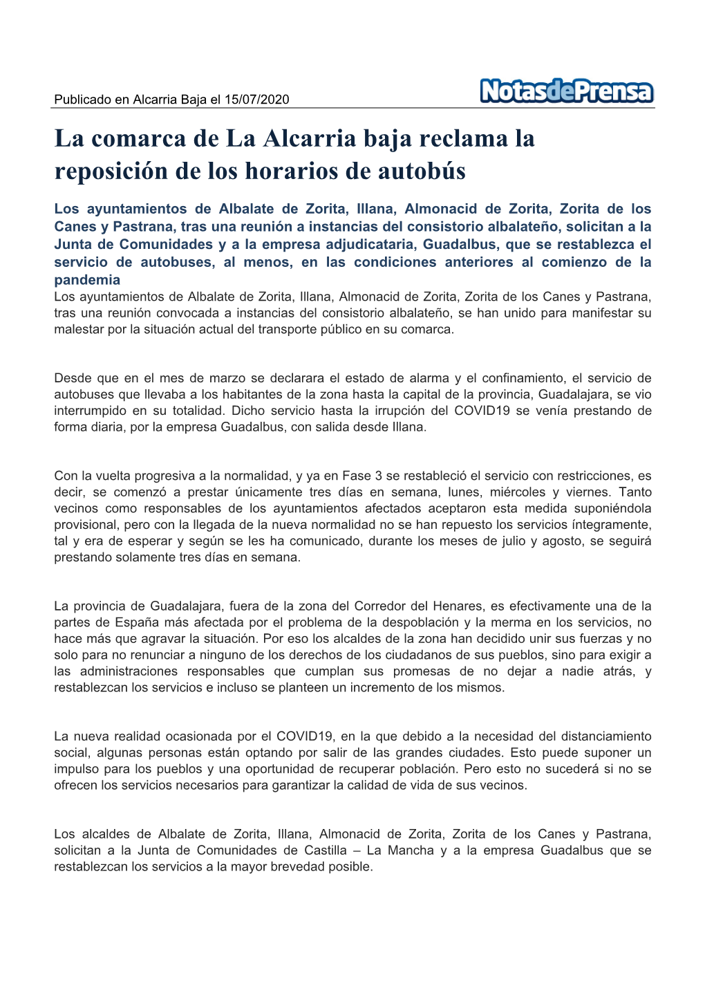 Nota De Prensa La Comarca De La Alcarria Baja