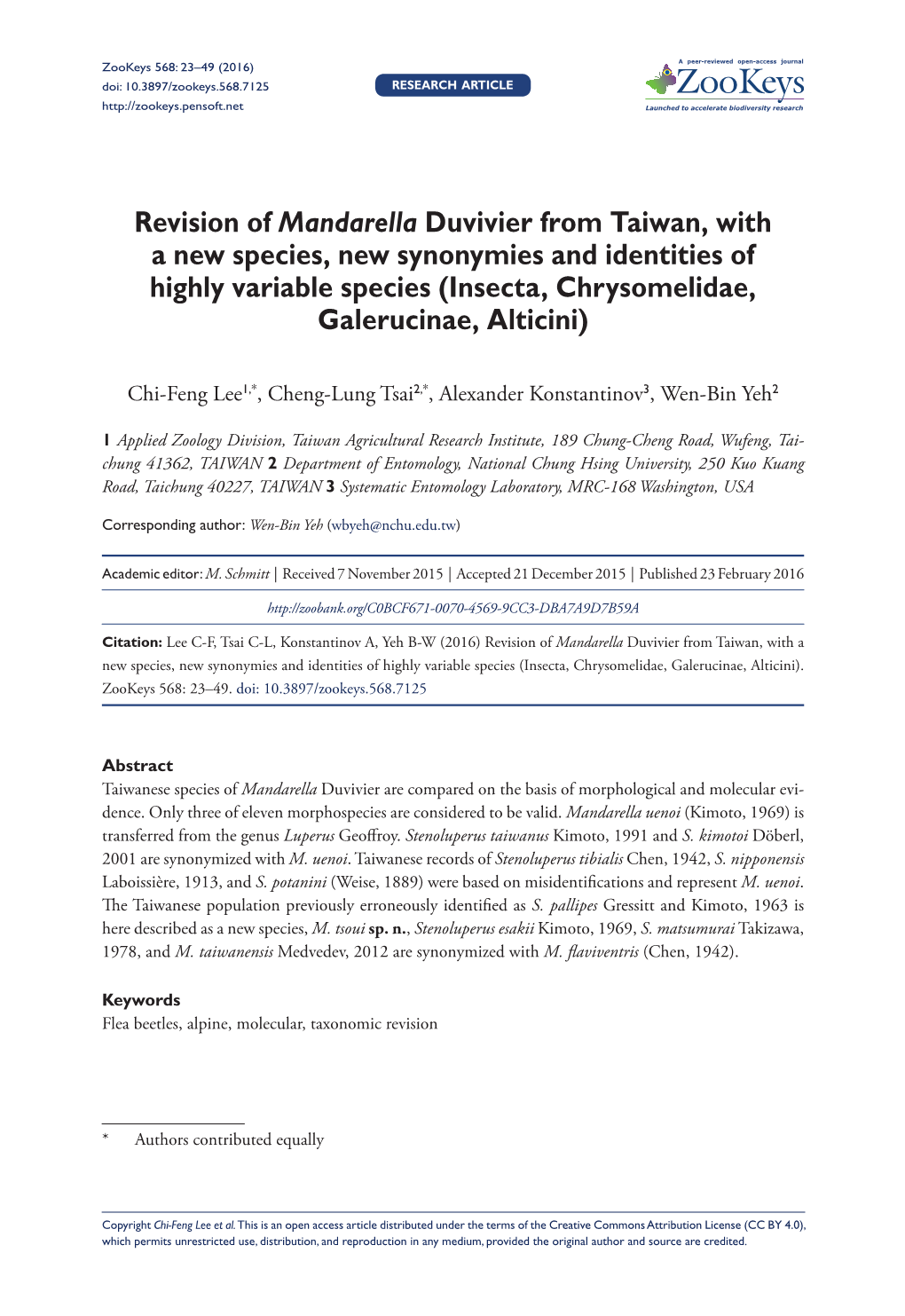 Revision of Mandarella Duvivier from Taiwan, with a New Species