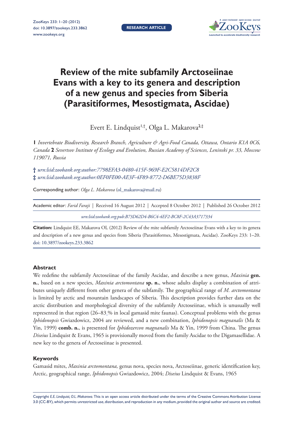 Review of the Mite Subfamily Arctoseiinae Evans with a Key to Its