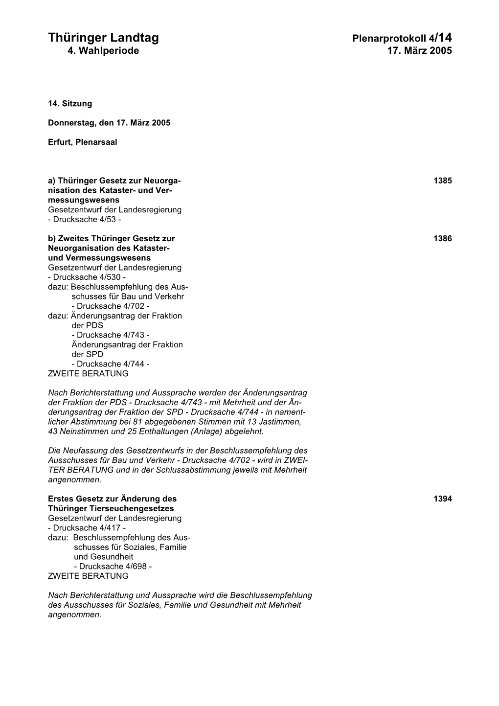 Thüringer Landtag Plenarprotokoll 4/14 4