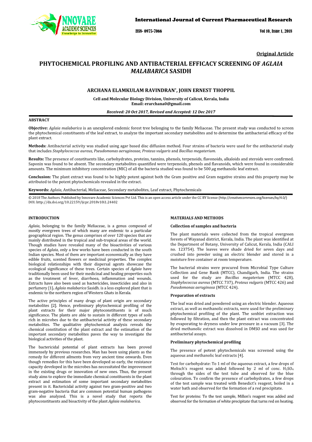 Phytochemical Profiling and Antibacterial Efficacy Screening of Aglaia Malabarica Sasidh