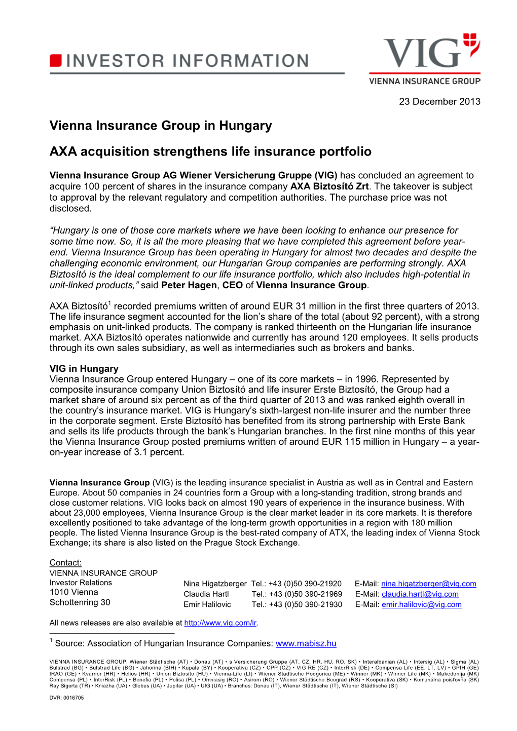 Vienna Insurance Group in Hungary AXA Acquisition Strengthens Life