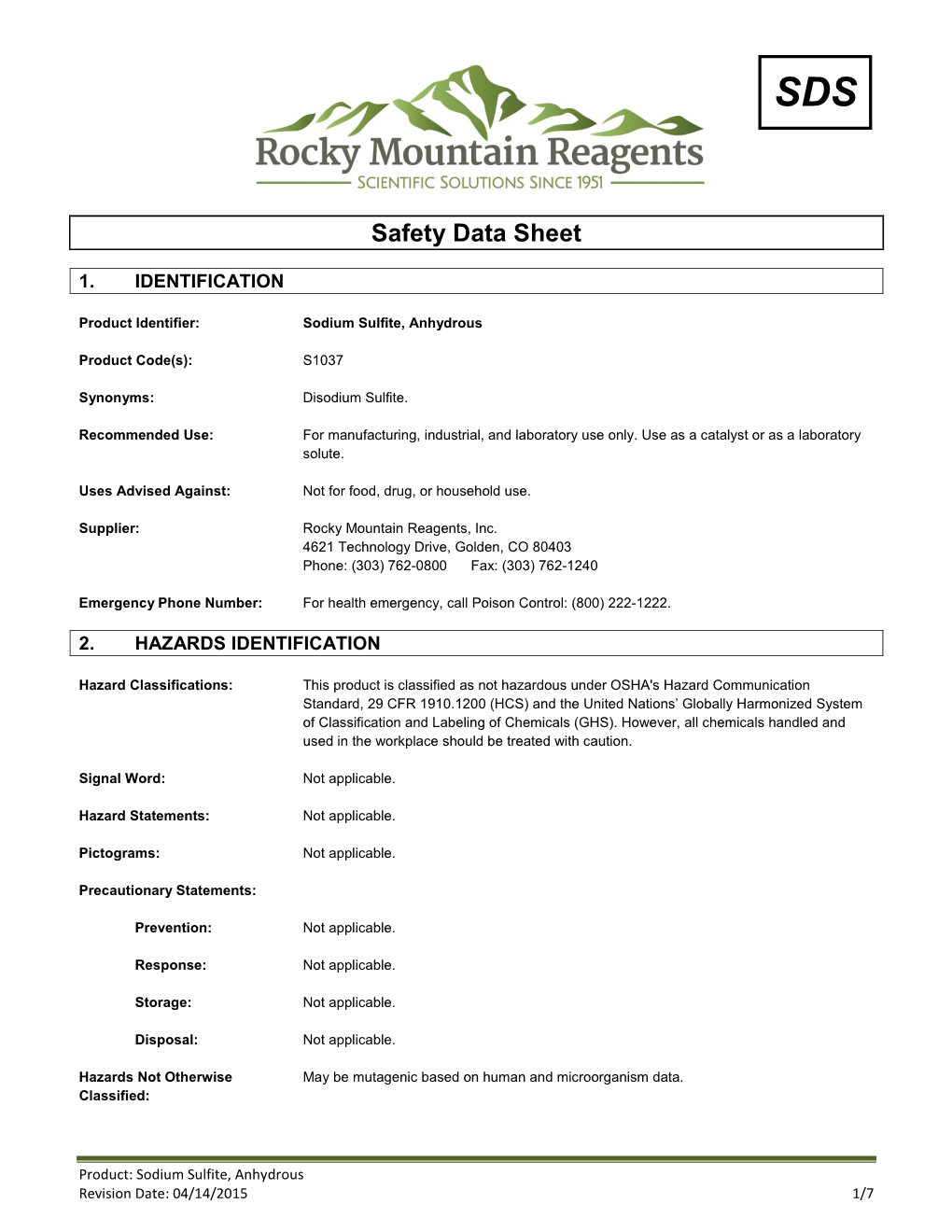 SDS Safety Data Sheet