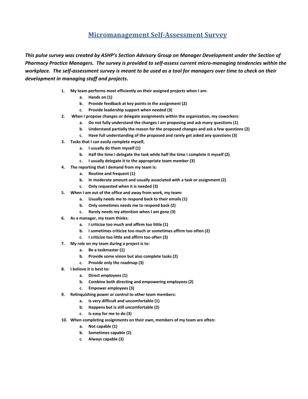 Micromanagement Self Assessment Survey