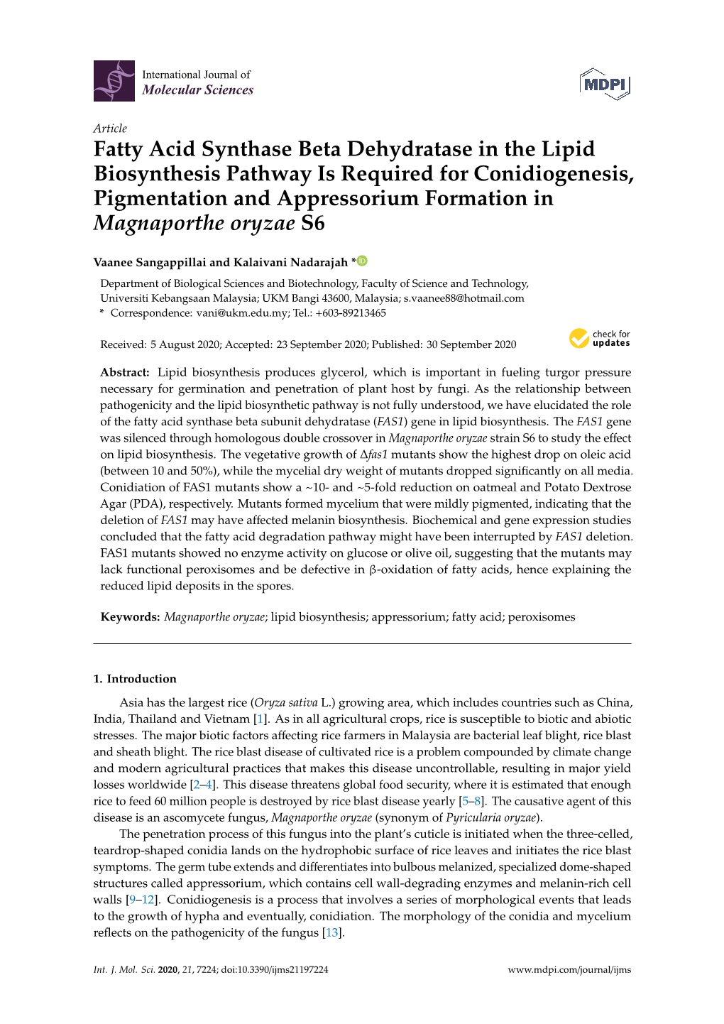 Fatty Acid Synthase Beta Dehydratase in the Lipid Biosynthesis Pathway Is Required for Conidiogenesis, Pigmentation and Appresso