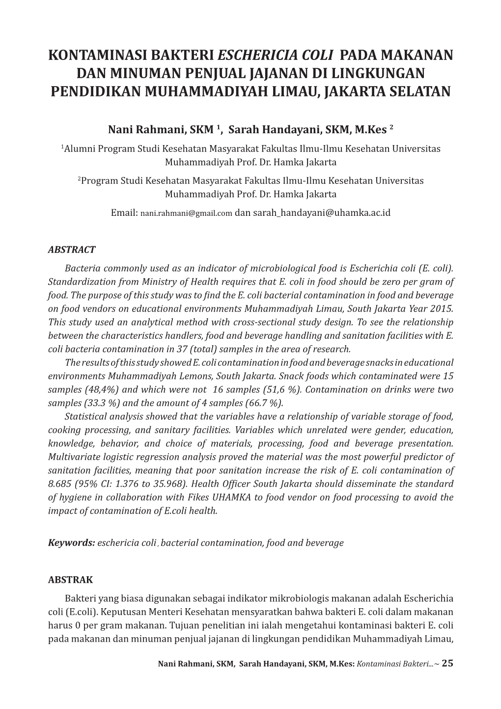 Kontaminasi Bakteri Eschericia Coli Pada Makanan Dan Minuman Penjual Jajanan Di Lingkungan Pendidikan Muhammadiyah Limau, Jakarta Selatan