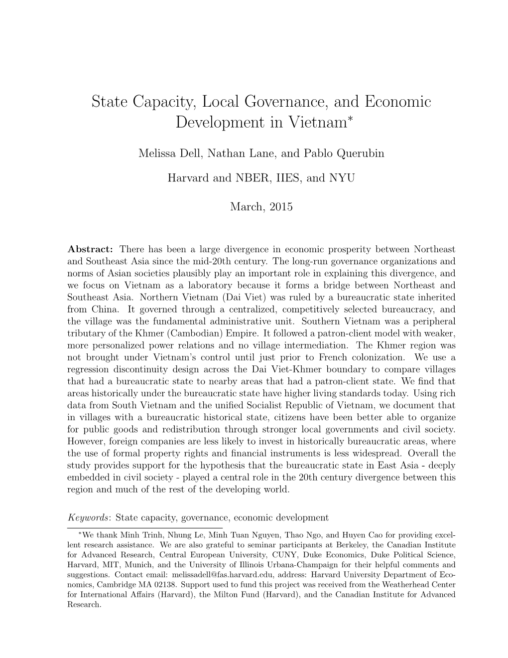 State Capacity, Local Governance, and Economic Development in Vietnam∗