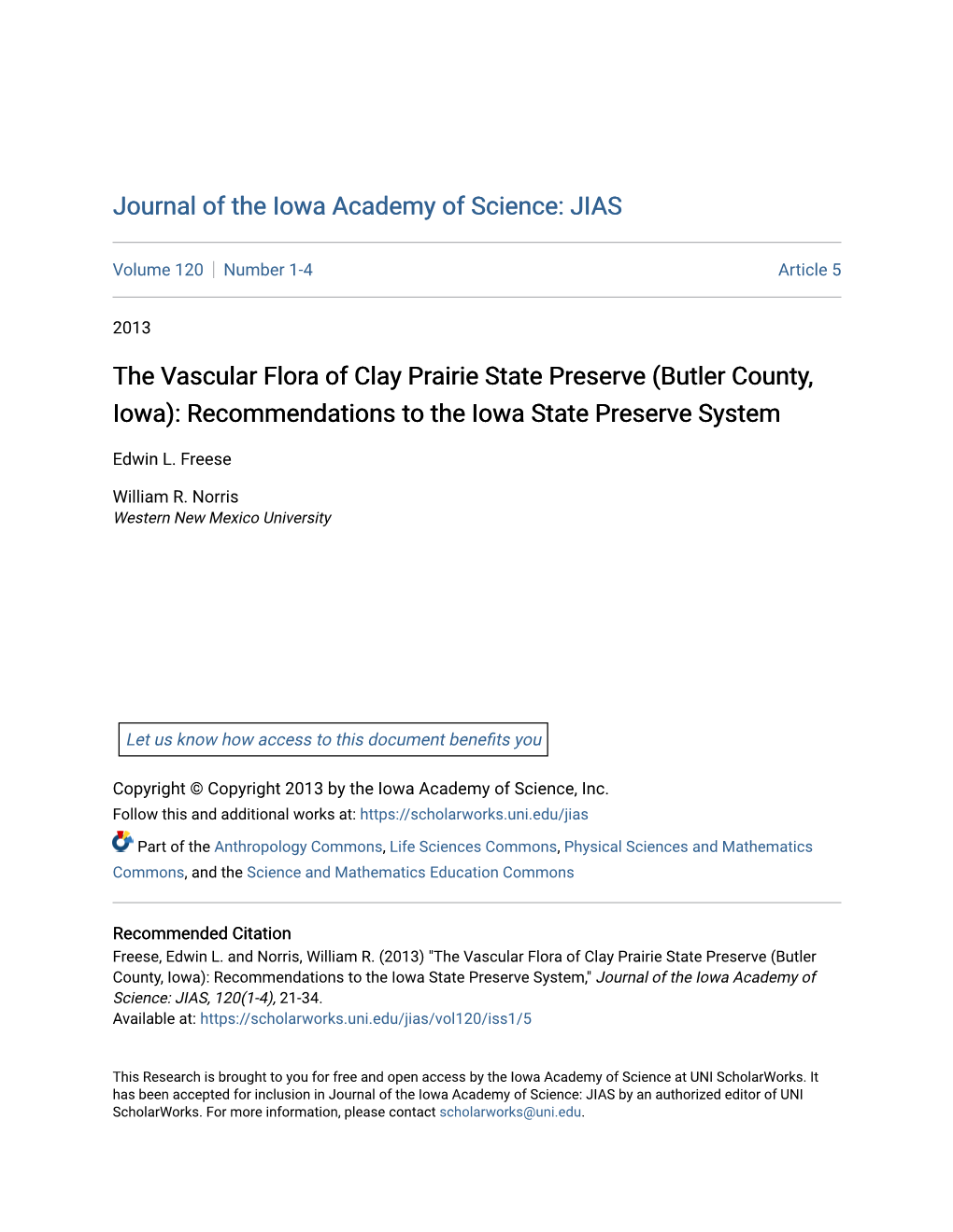 The Vascular Flora of Clay Prairie State Preserve (Butler County, Iowa): Recommendations to the Iowa State Preserve System