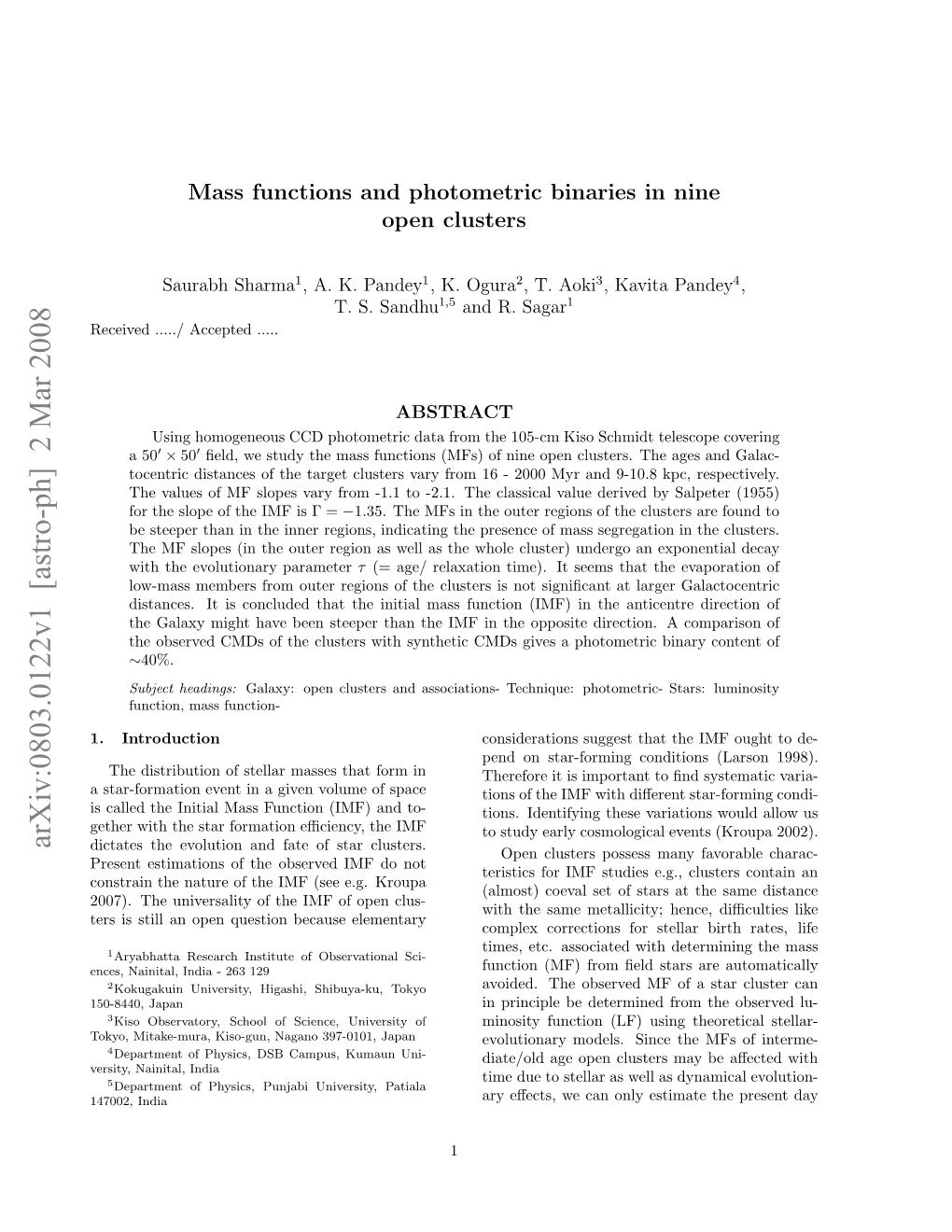 Mass Functions and Photometric Binaries in Nine Open Clusters