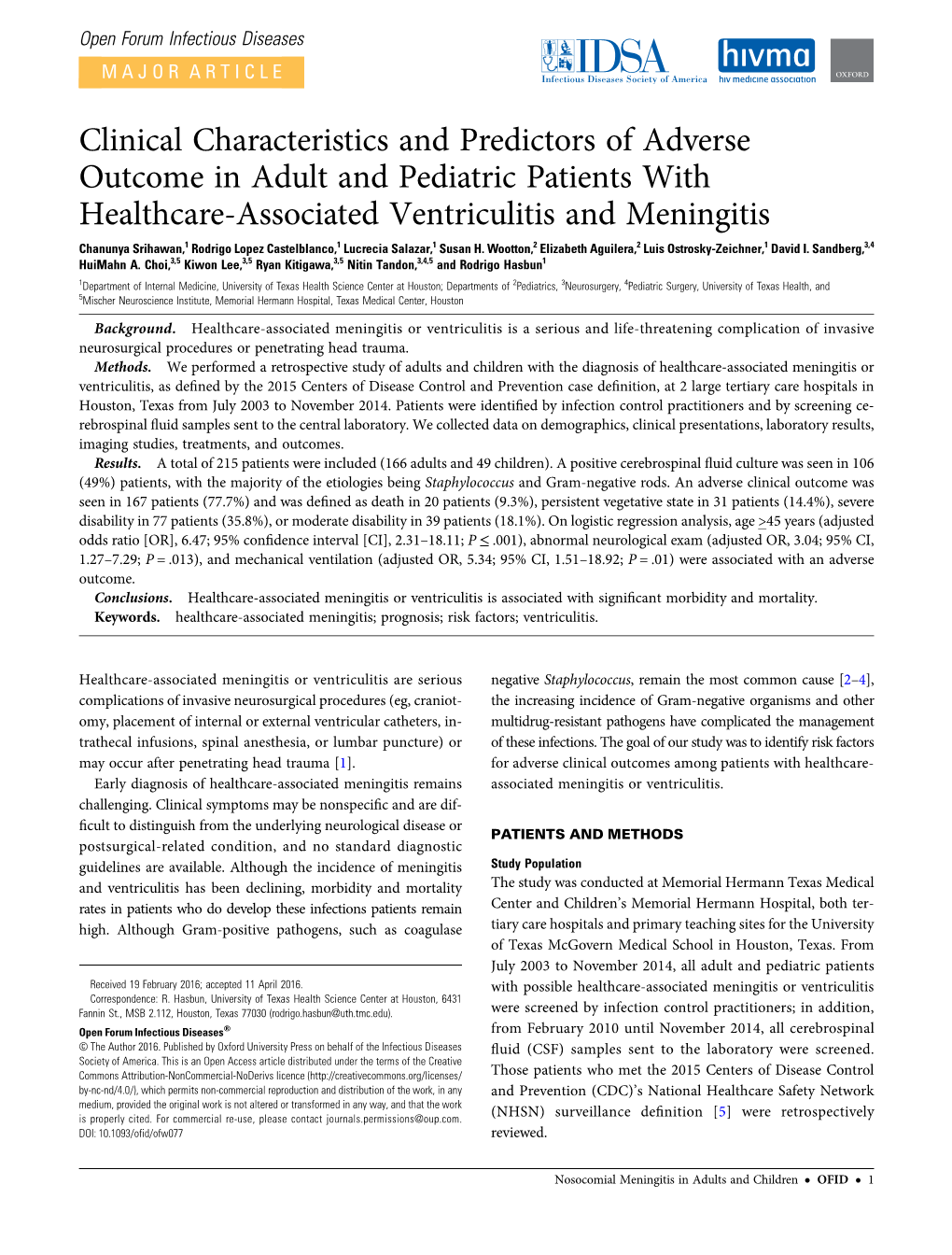 Clinical Characteristics and Predictors of Adverse Outcome in Adult and Pediatric Patients with Healthcare-Associated Ventriculi