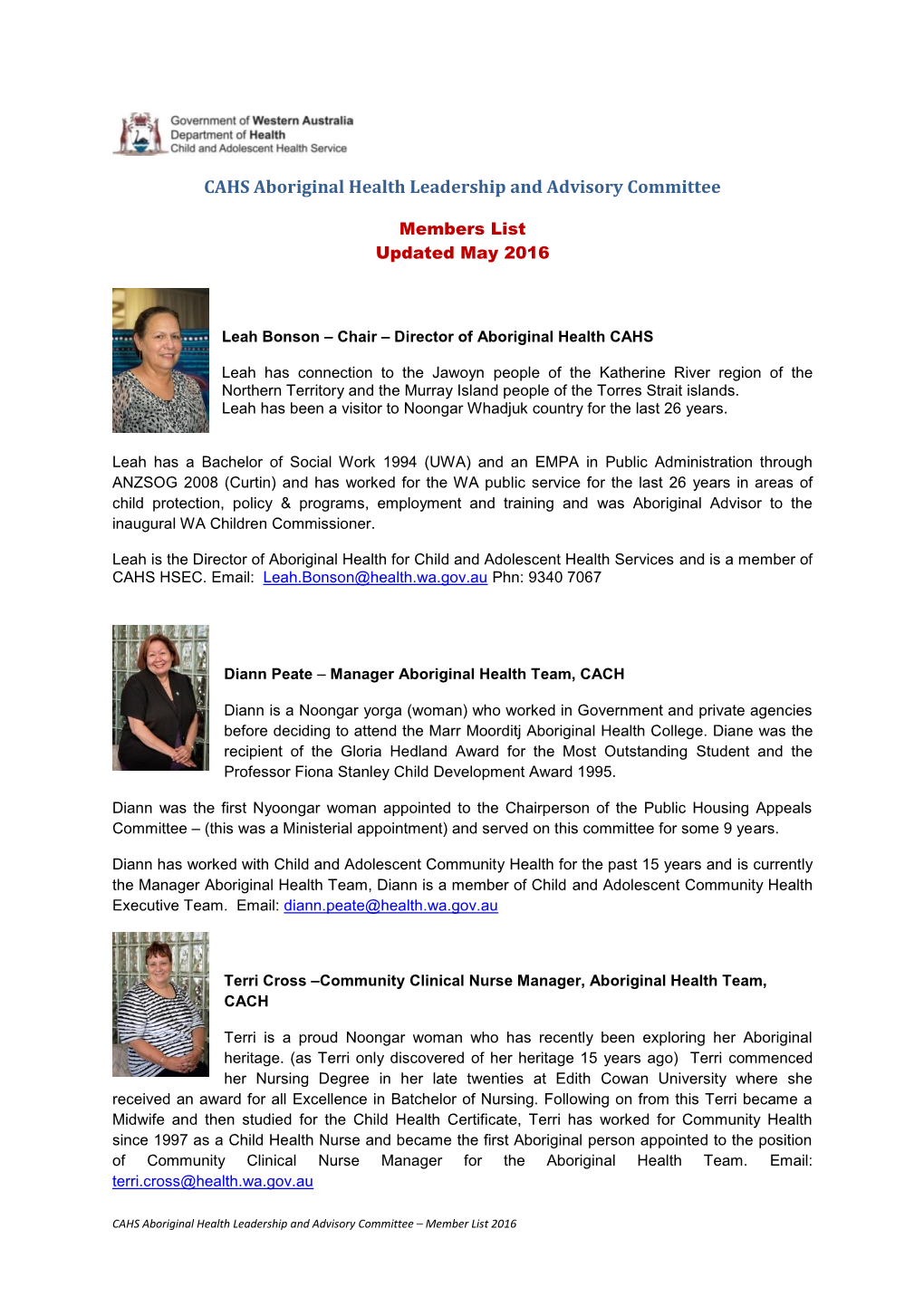 CAHS Aboriginal Health Leadership and Advisory Committee