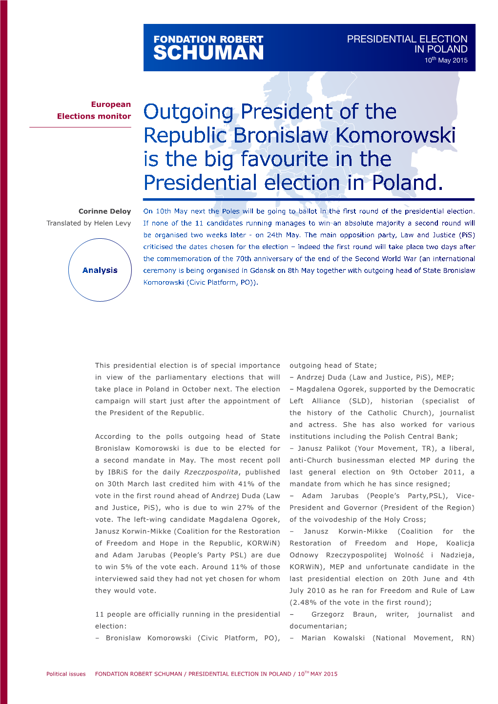 PRESIDENTIAL ELECTION in POLAND 10Th May 2015