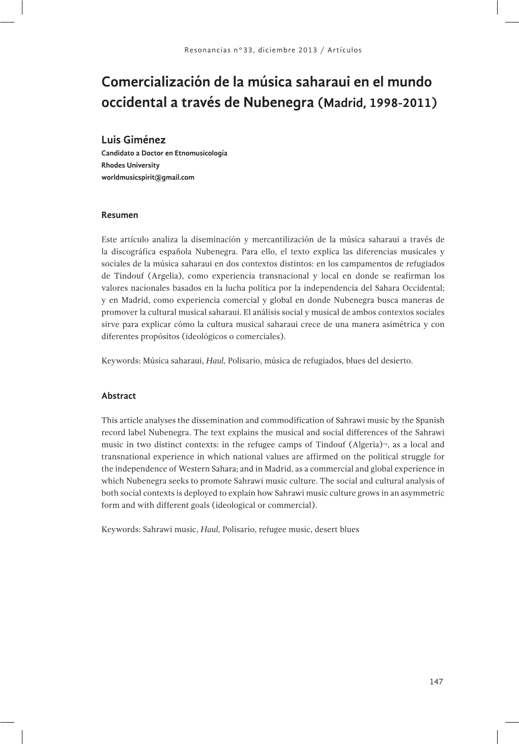 Comercialización De La Música Saharaui En El Mundo Occidental a Través De Nubenegra (Madrid, 1998-2011)