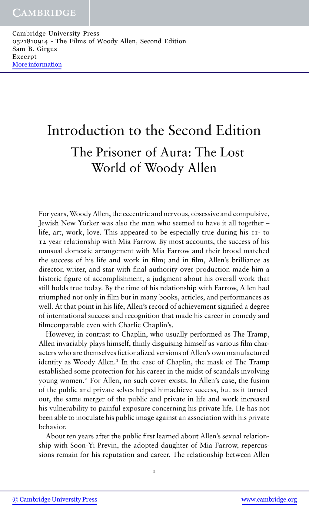 Introduction to the Second Edition the Prisoner of Aura: the Lost World of Woody Allen