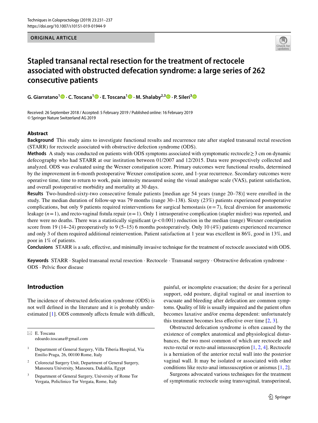 Stapled Transanal Rectal Resection for the Treatment of Rectocele Associated with Obstructed Defecation Syndrome: a Large Series of 262 Consecutive Patients