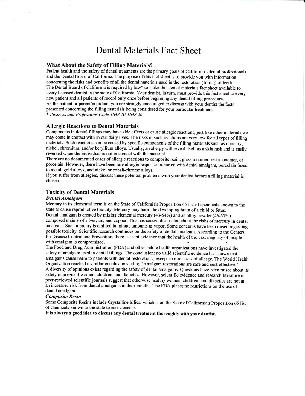 Dental Materials Fact Sheet