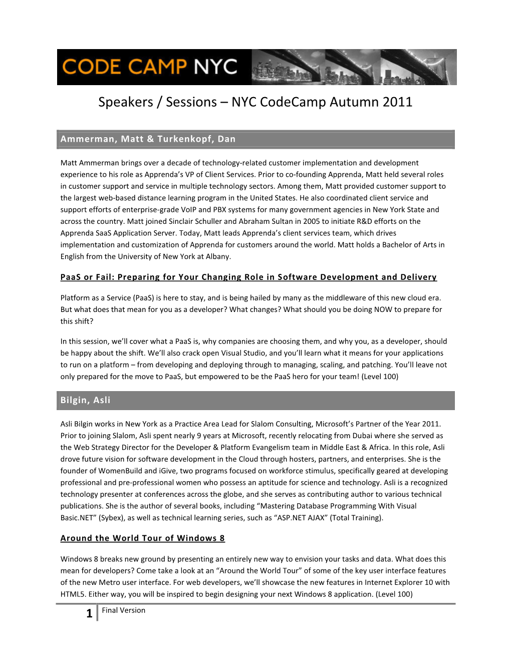 Speakers / Sessions – NYC Codecamp Autumn 2011