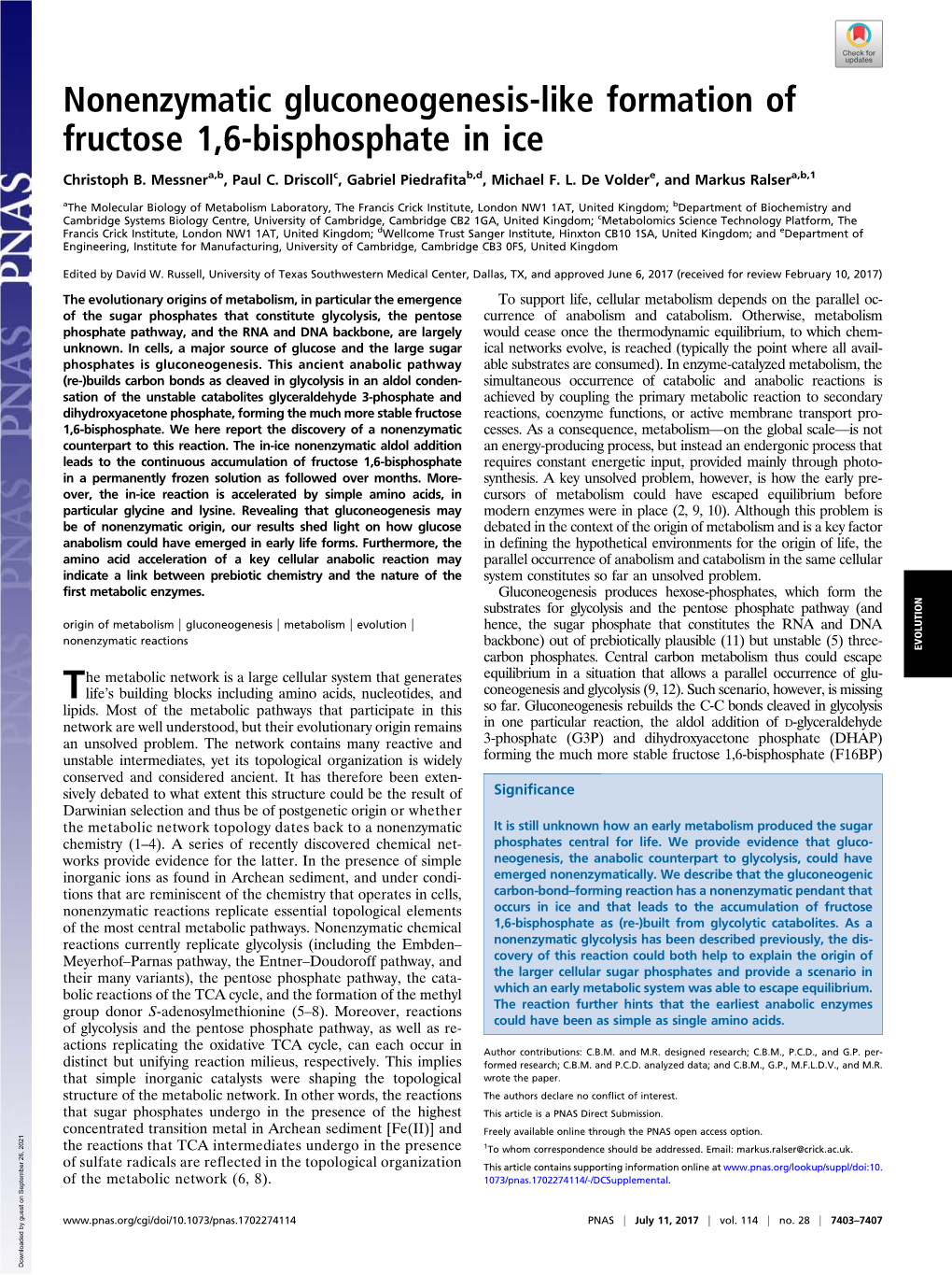 Nonenzymatic Gluconeogenesis-Like Formation of Fructose 1,6-Bisphosphate in Ice