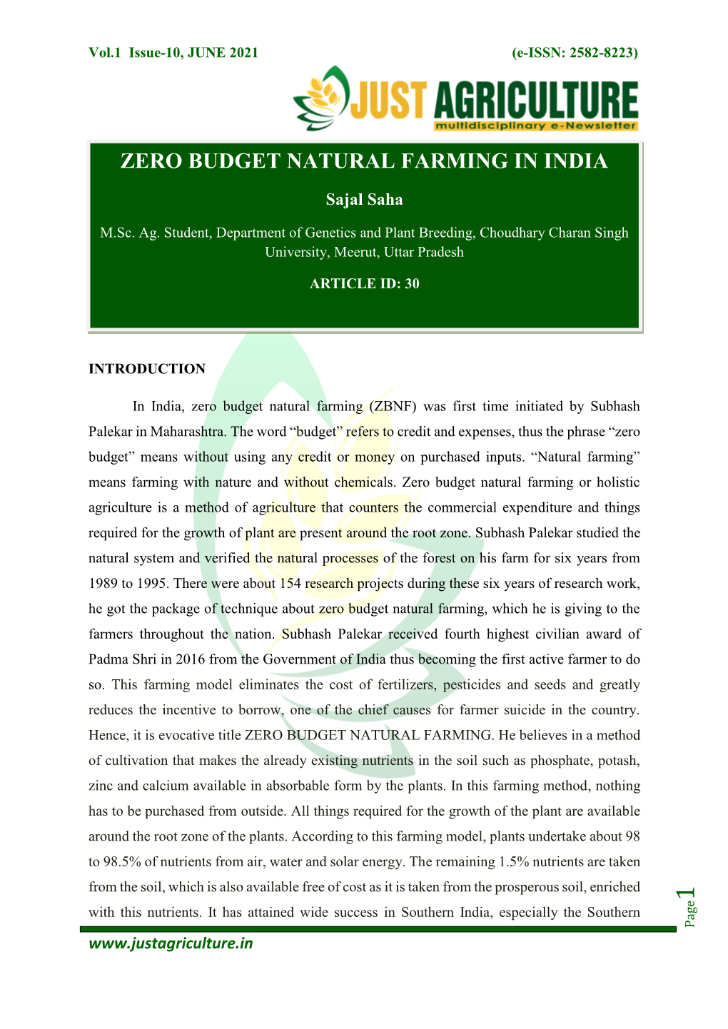 Zero Budget Natural Farming in India