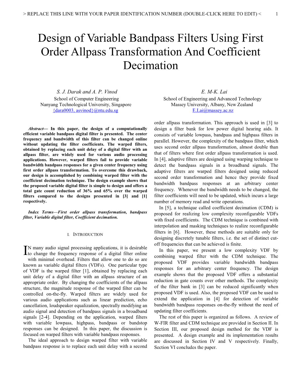 Design of Variable Bandpass Filters Using First Order Allpass Transformation and Coefficient Decimation