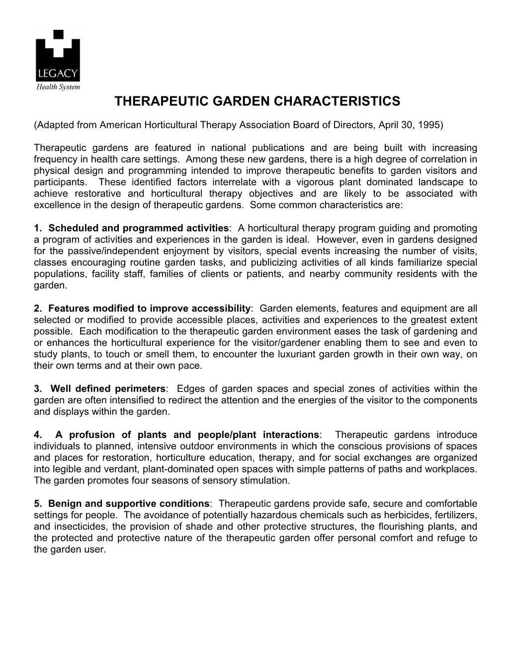 Therapeutic Garden Characteristics