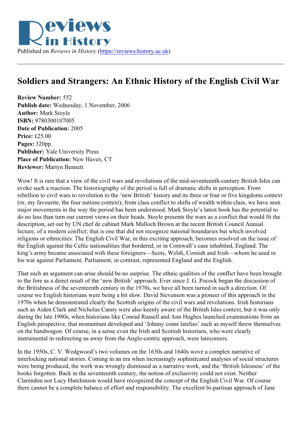 Soldiers and Strangers: an Ethnic History of the English Civil War