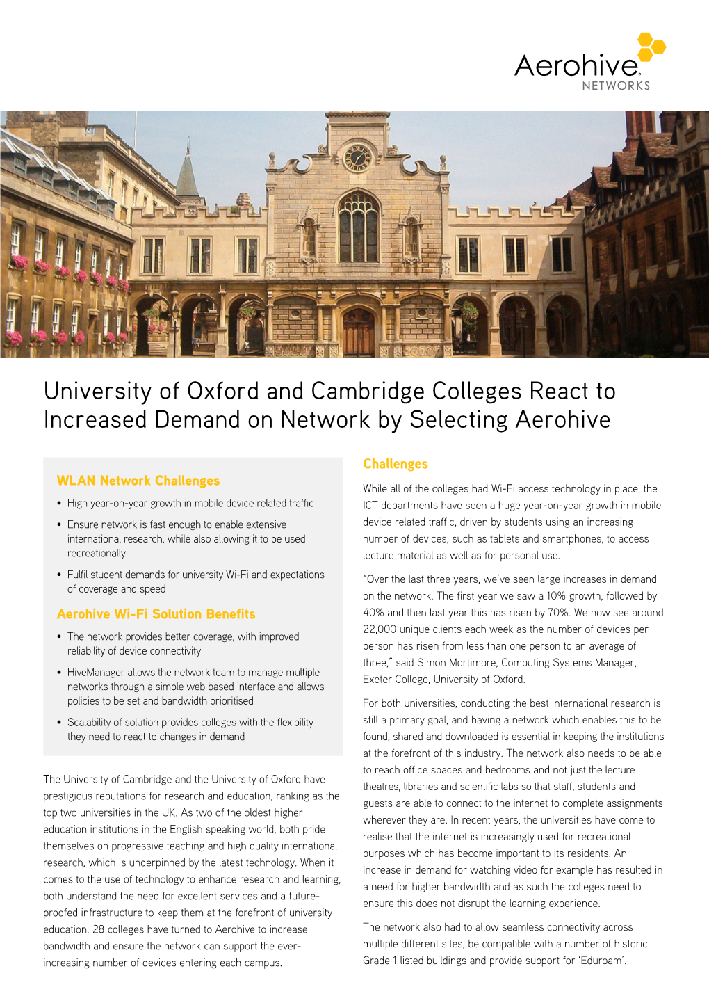 University of Oxford and Cambridge Colleges React to Increased Demand on Network by Selecting Aerohive