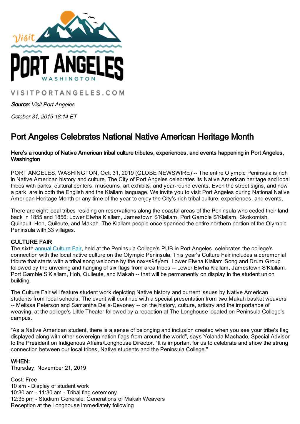 Port Angeles Celebrates National Native American Heritage Month