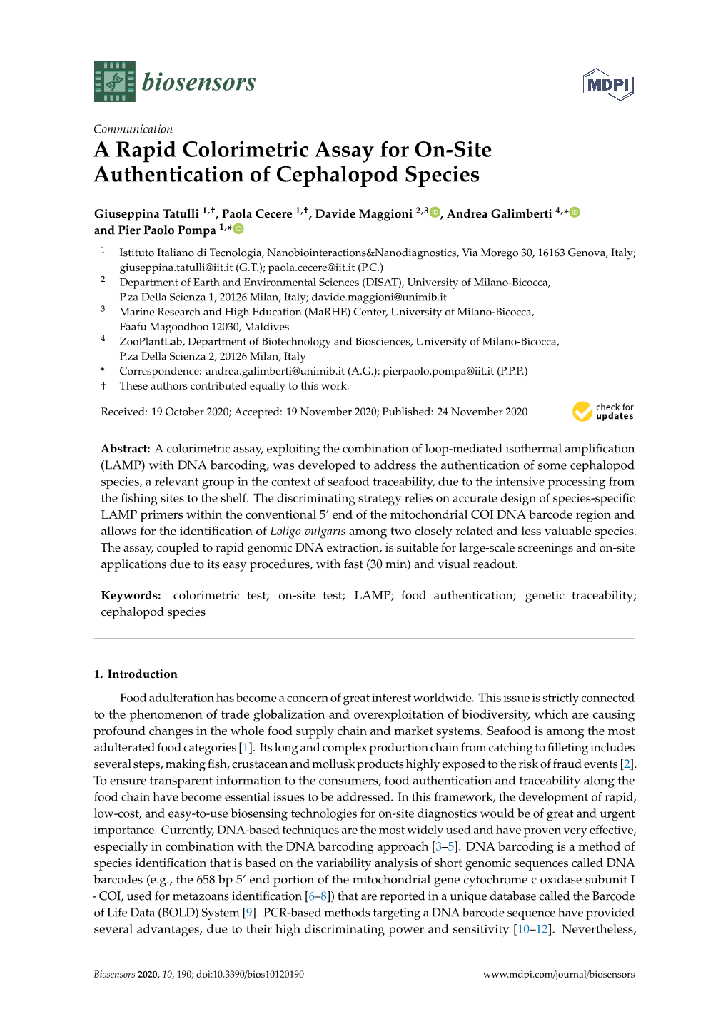 A Rapid Colorimetric Assay for On-Site Authentication of Cephalopod Species