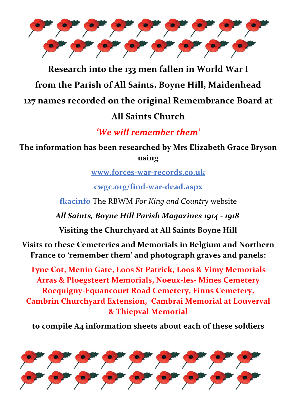 Research Into the 133 Men Fallen in World War I from the Parish of All