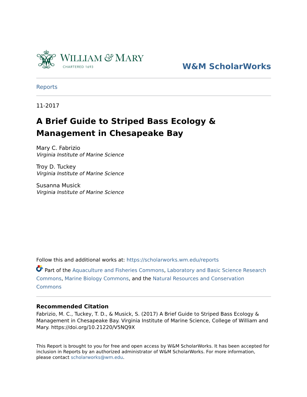 A Brief Guide to Striped Bass Ecology & Management in Chesapeake