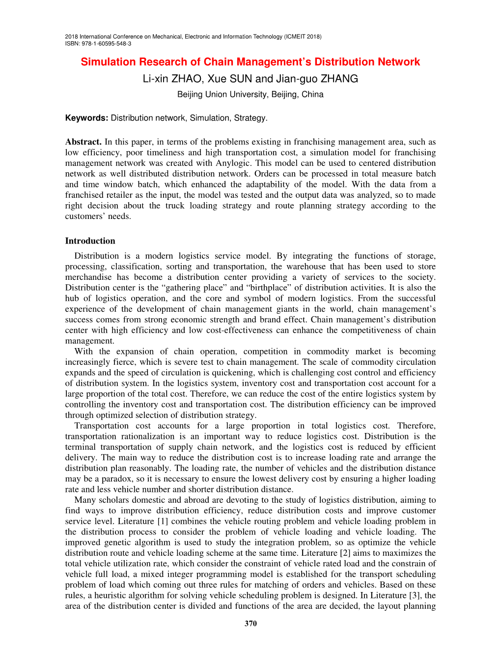 Simulation Research of Chain Management's Distribution Network