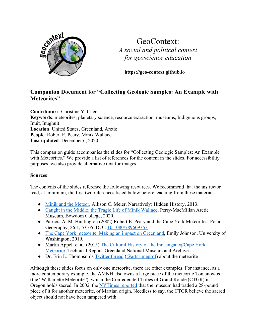 Companion Document for “Collecting Geologic Samples: an Example with Meteorites”