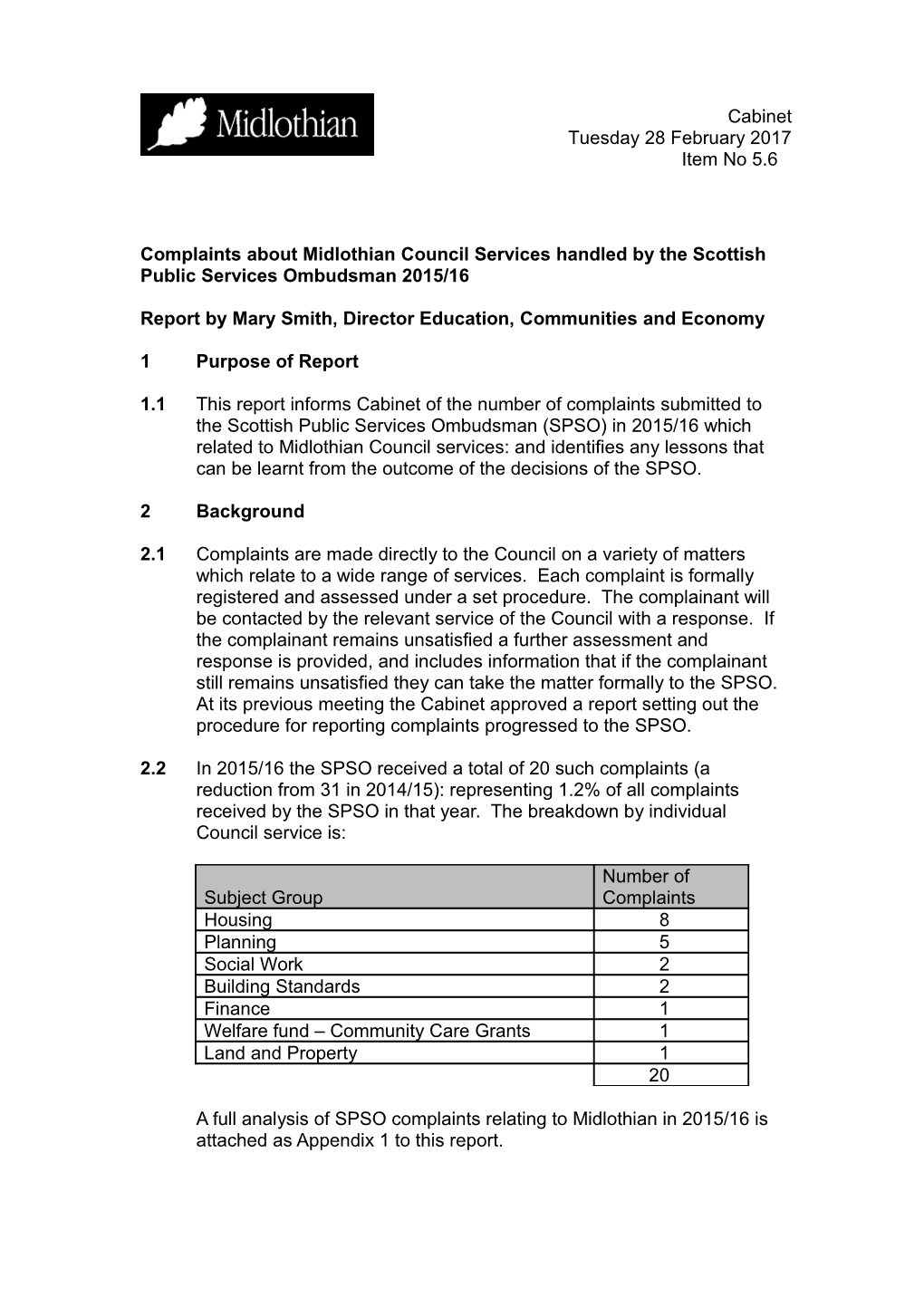 Complaints About Midlothian Council Services Handled by the Scottish Public Services Ombudsman