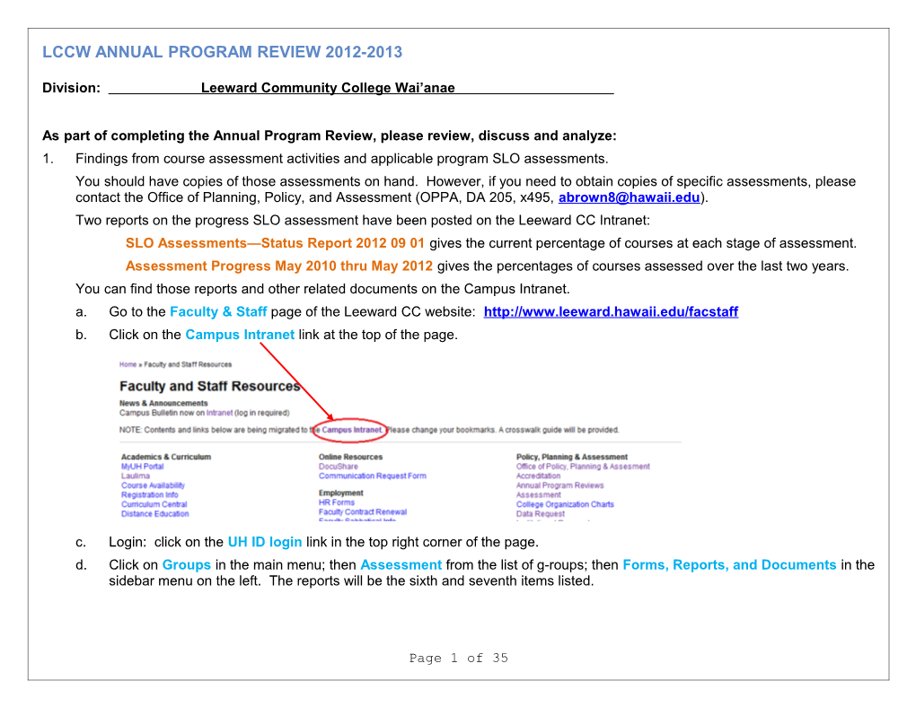 Lccw Annual Program Review 2012-2013