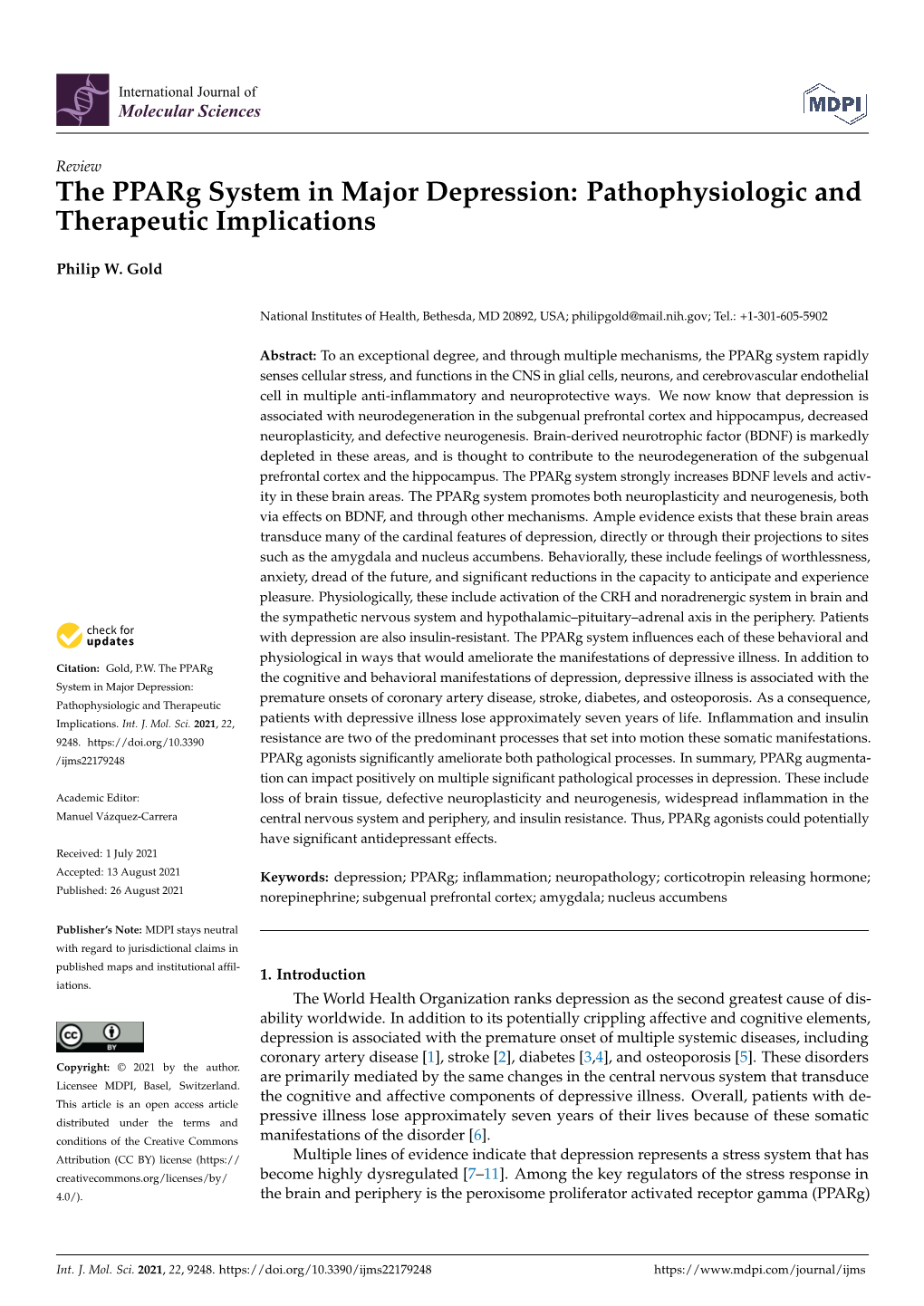 The Pparg System in Major Depression: Pathophysiologic and Therapeutic Implications