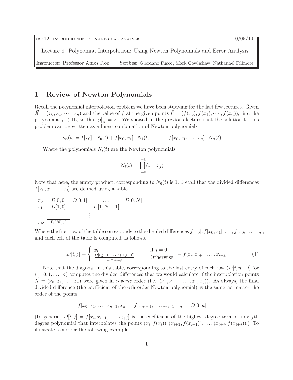 1 Review of Newton Polynomials