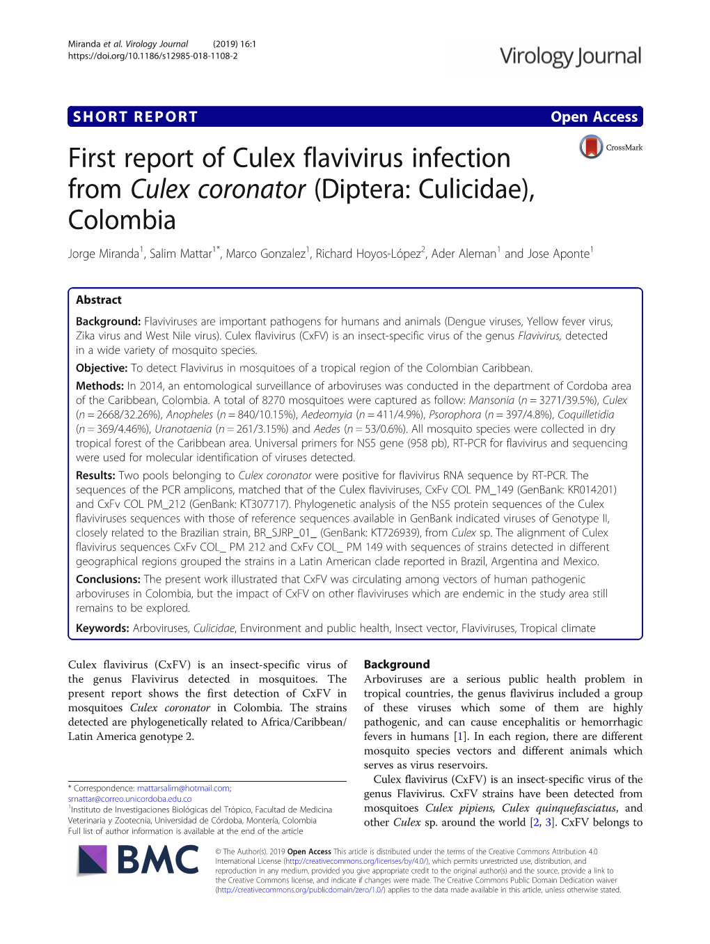 First Report of Culex Flavivirus Infection from Culex Coronator