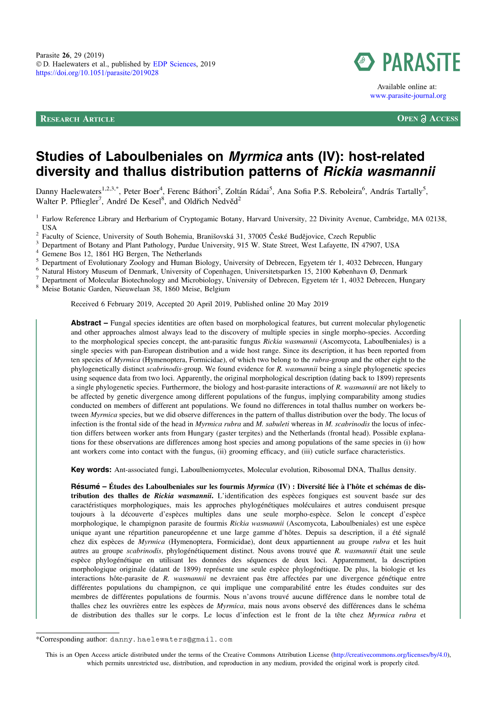 Studies of Laboulbeniales on Myrmica Ants (IV): Host-Related Diversity and Thallus Distribution Patterns of Rickia Wasmannii